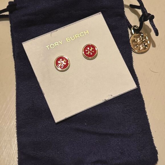 Tory Burch Gold Tone Signature Stud Earrings Red Enamel Double T Logo NEW - Picture 4 of 5